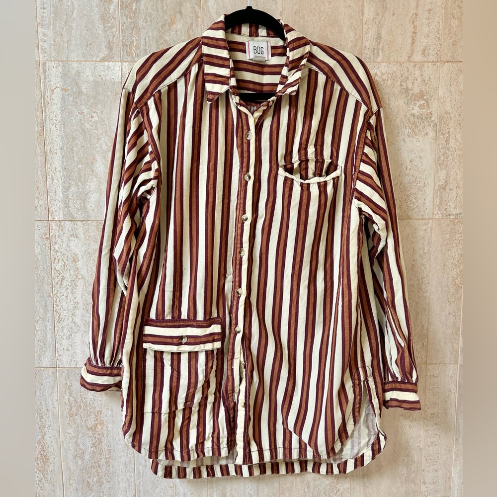 Urban Outfitters (BDG) Striped Corduroy Button-Down (Medium) - Cream/Brown
